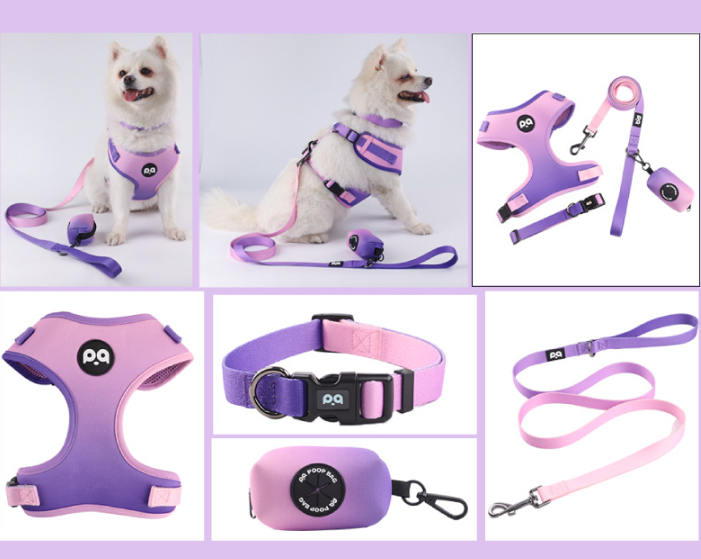 Adjustable Soft Pet Harness with Leash & Poop Bag Dispenser - Large Purple-pink