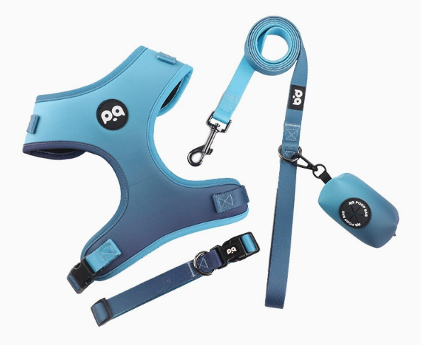 Adjustable Soft Pet Harness with Leash & Poop Bag Dispenser - Large Blue